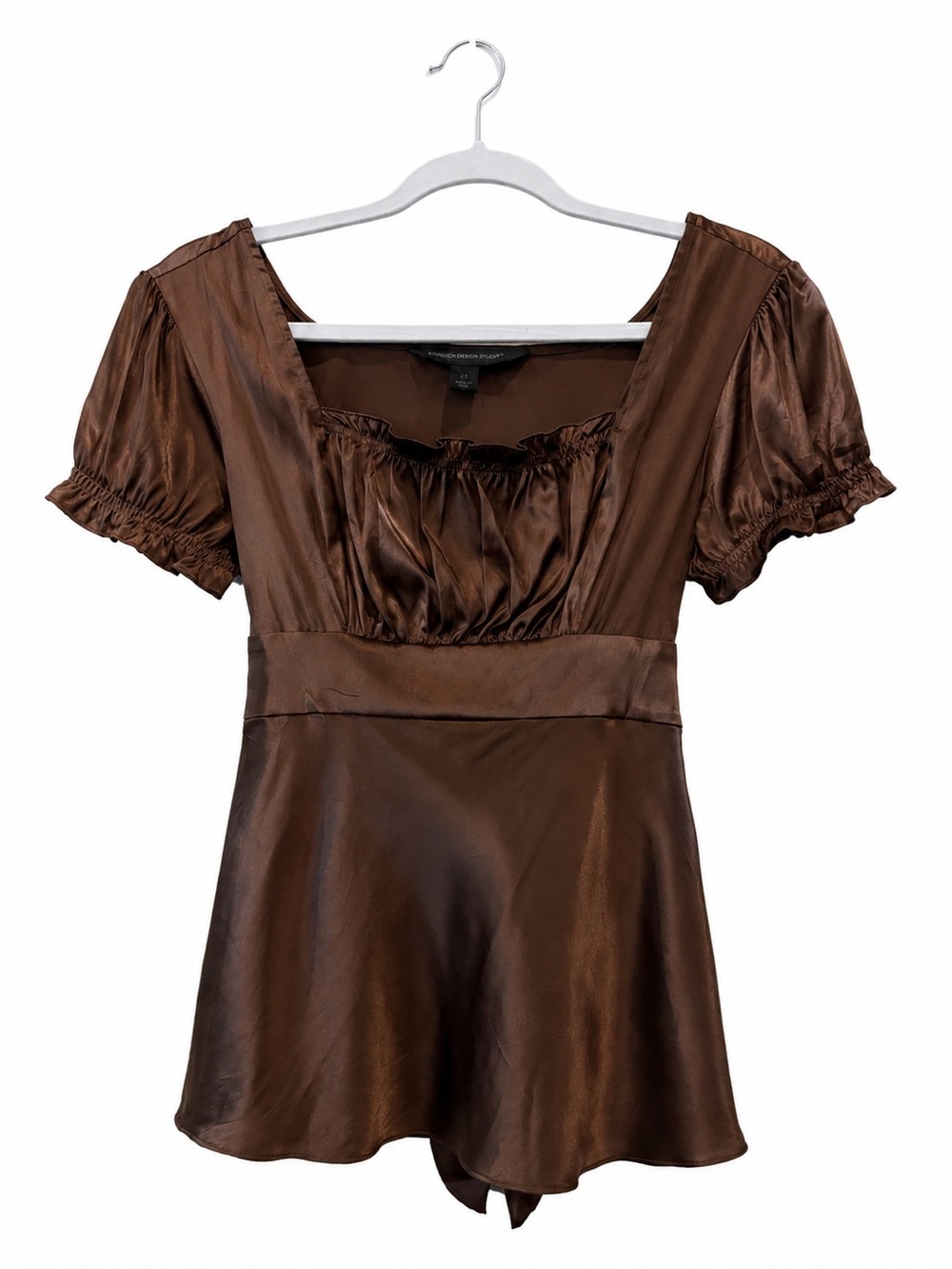 Express Y2K Vintage Silk Brown Satin Square Neck Puff Sleeve Top XS